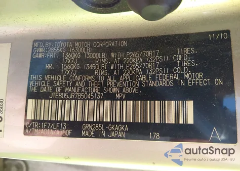 2011 Toyota 4Runner Sr5 V6 from USA, damaged, VIN JTEBU5JR7B5045137